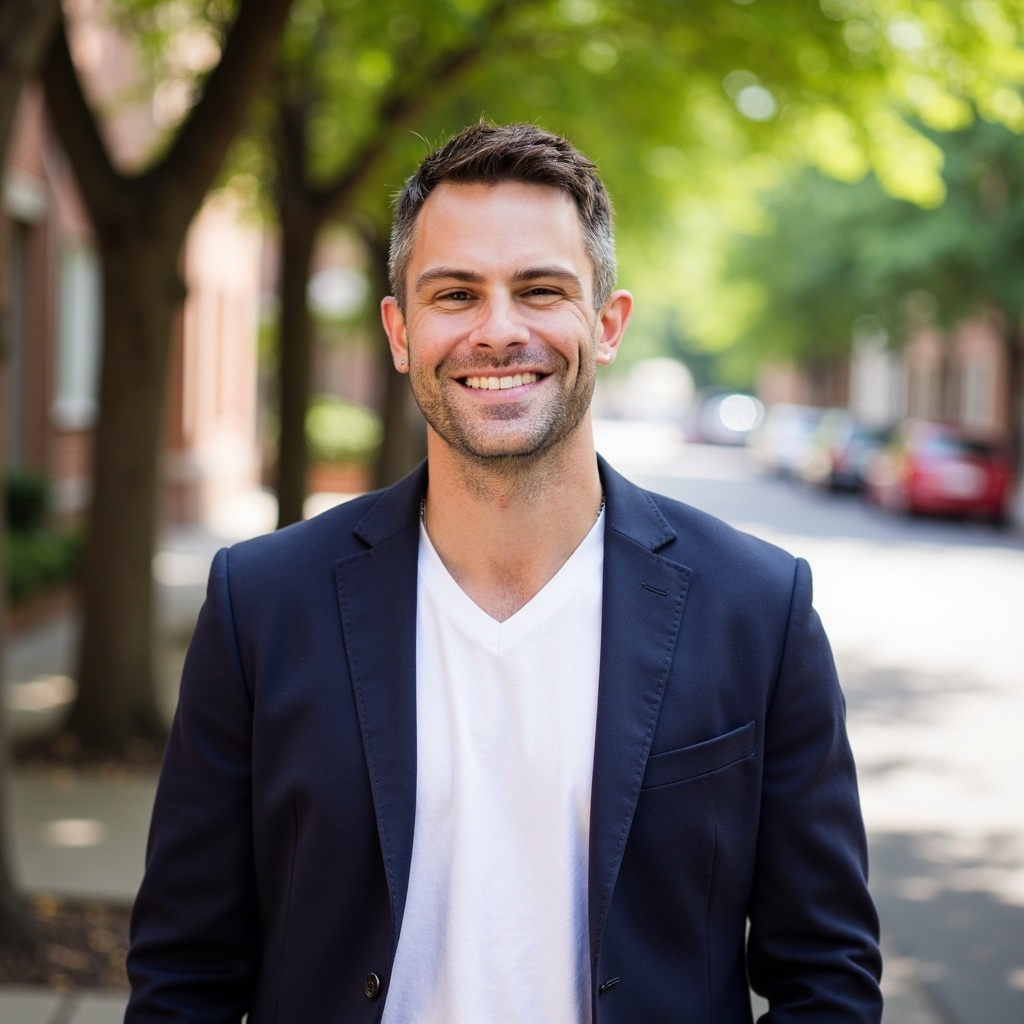 Josh King, smiling, wearing a navy blazer over a white t-shirt on a tree-lined street.